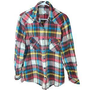 Match Stick Womens Multicolor Roll Sleeve Plaid Flannel Shirt Size Large